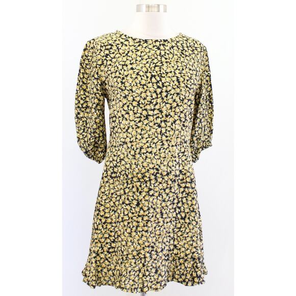 Faithfull the Brand Yellow Black Floral Ruffle Hem Tie Waist Mini Dress Size 4 - Picture 3 of 7